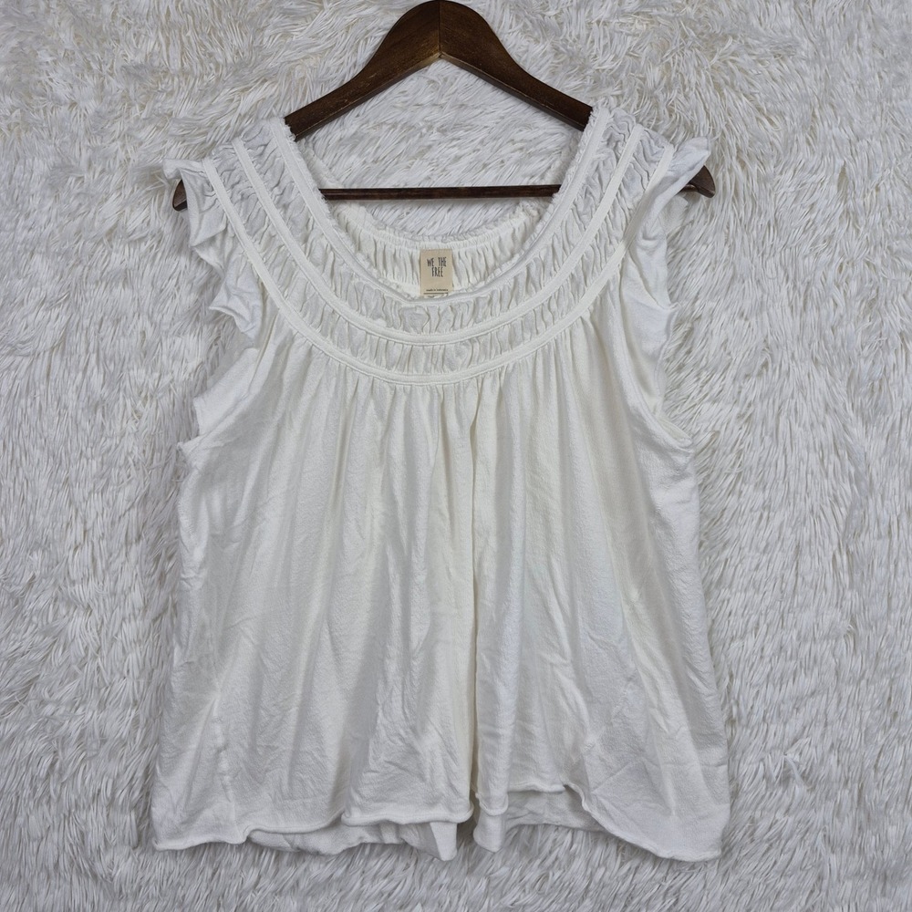 We The Free Free People White Smocked Ruffle Sleeveless Boho Top Small Cottage